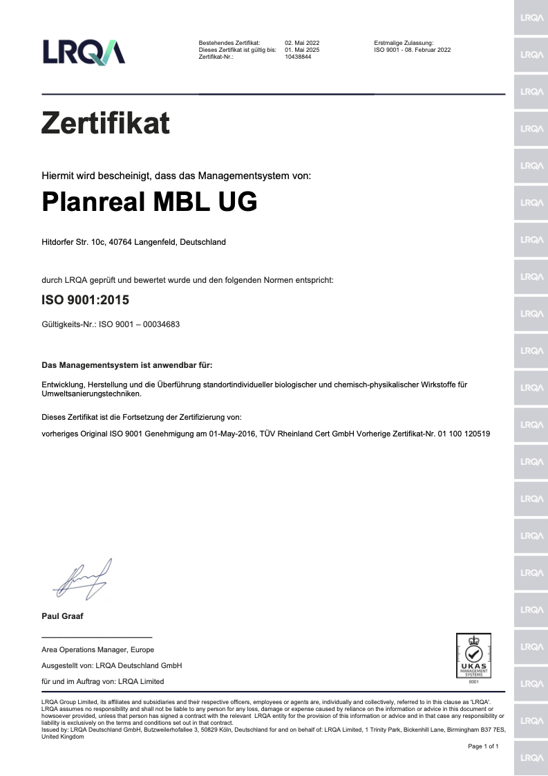 Zertifikat ISO 9001:2015 Umweltsanierungstechniken